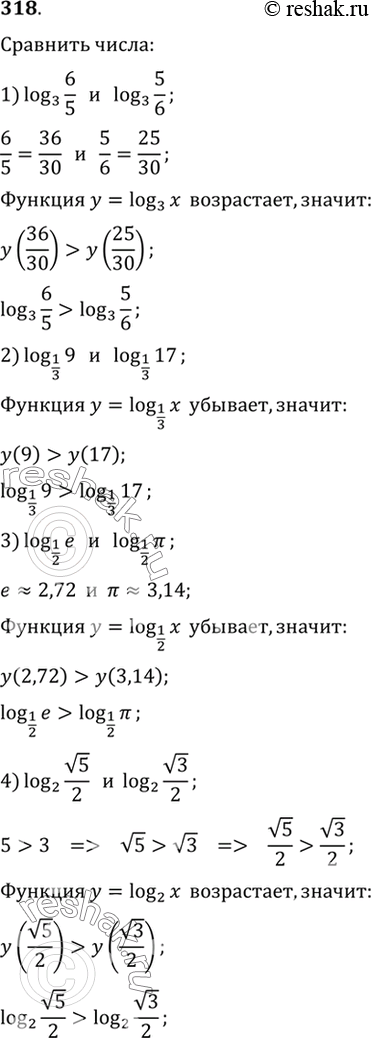 Изображение 318 Сравнить числа:1) log3(6/5) и log3(5/6);1) log1/3(9) и log1/3(17);1) log1/2(e) и log1/2(пи);1) log2(корень 5/2) и log2(корень...