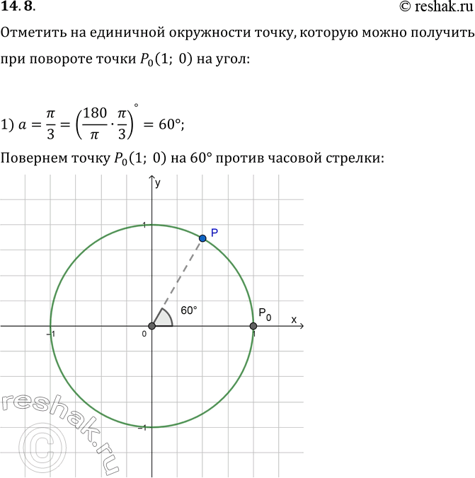 Изображение 14.8. Отметьте на единичной окружности точку, которую получим при повороте точки Р_0(1; 0) на угол:1) Пи/3;  3) 5Пи/3;  5) -120°;   7) -480°;2) 150°;   4) -45°;   6)...