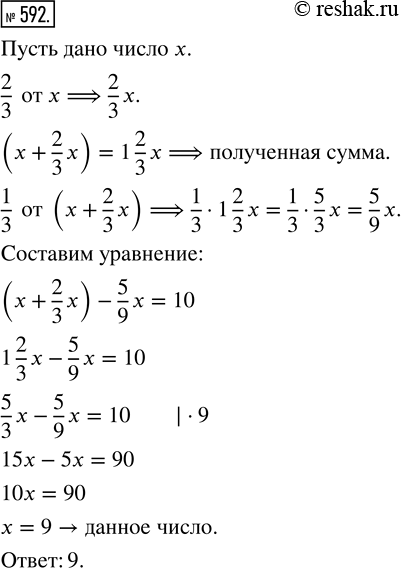 Изображение 592. Задача из папируса Ахмеса (2000 — 1700 до н. э.).Найдите число, если известно, что от прибавления к нему 2/3 его и вычитания из полученной суммы ее трети...