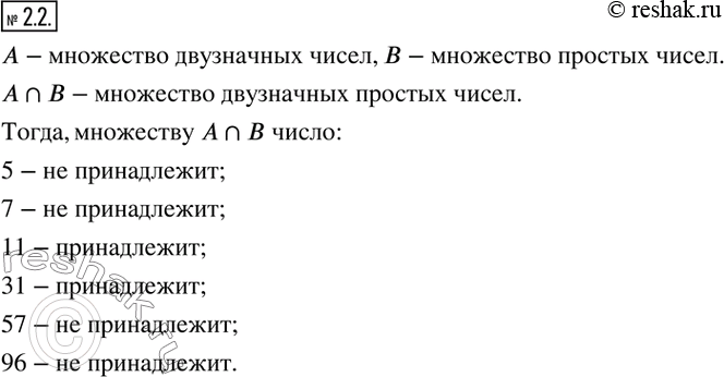Изображение 2.2. Пусть A - множество двузначных чисел, B - множество простых чисел. Принадлежит ли множеству A ? B число: 5; 7; 11; 31; 57;...