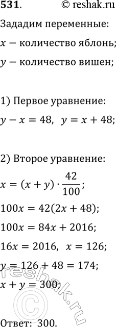 Изображение 531. В саду росли яблони и вишни, причём яблони составляли 42 % всех деревьев. Вишен было на 48 деревьев больше, чем яблонь. Сколько деревьев росло в...