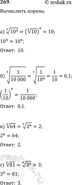 Изображение 269. Вычислите корень: a) корень четвертой степени из 10 ^4; б) корень четвертой степени из 1/10000; в) корень шестой степени из 64; г) корень четвертой степени из...