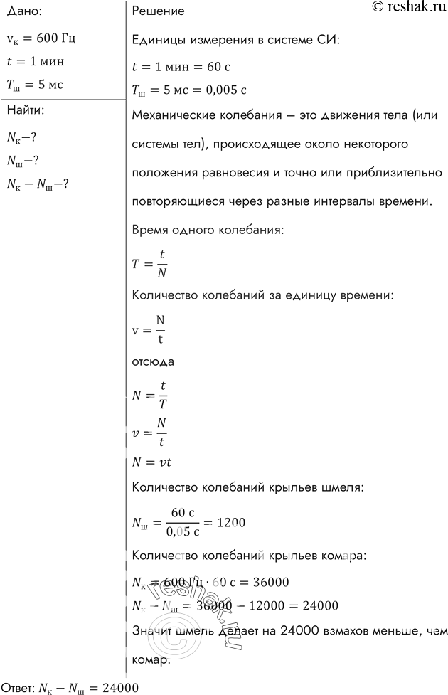 Изображение Частота колебаний крыльев комара 600 Гц, а период колебаний крыльев шмеля 5 мс. Какое из насекомых сделает при полете больше взмахов крыльями за 1 мин и на...