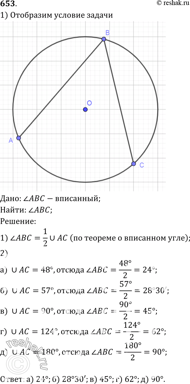 Изображение Найдите вписанный угол ABC, если дуга АС, на которую он опирается, равна: а) 48°; б) 57°; в) 90°; г) 124°; д)...