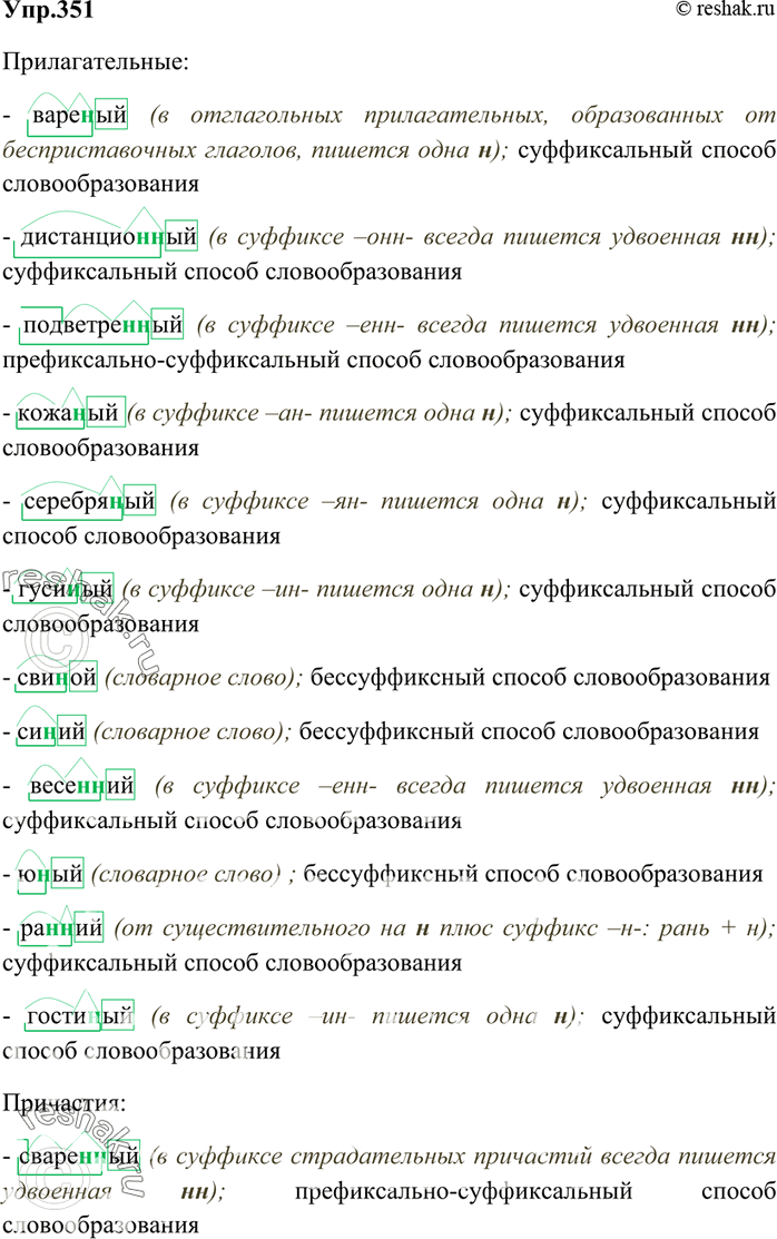Изображение 351. Запишите, группируя слова по частям речи. Объясните написание слов, выделите в них морфемы, определите их способ образования.Варён(?)ый, сварен(?)ый, сварен(?)ы,...