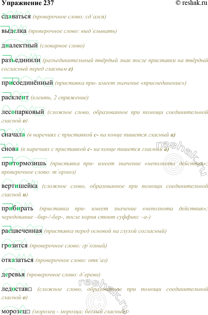 Изображение 237. Разделите слова на морфемы. Обозначьте морфемы соответствующими знаками Сдаваться, выд..лка, диалектный, раз(?)единили, присоединённый, раскле..т, лесопарковый,...